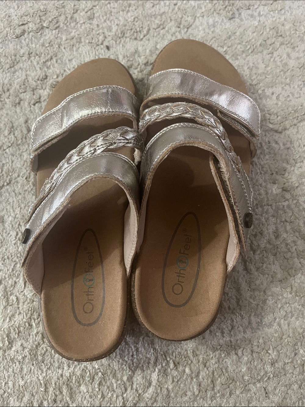 Ortho Feet Metallic Silver Slide Sandals 1.5” Heel Leather Braided Strap 7 Wide - Picture 9 of 15